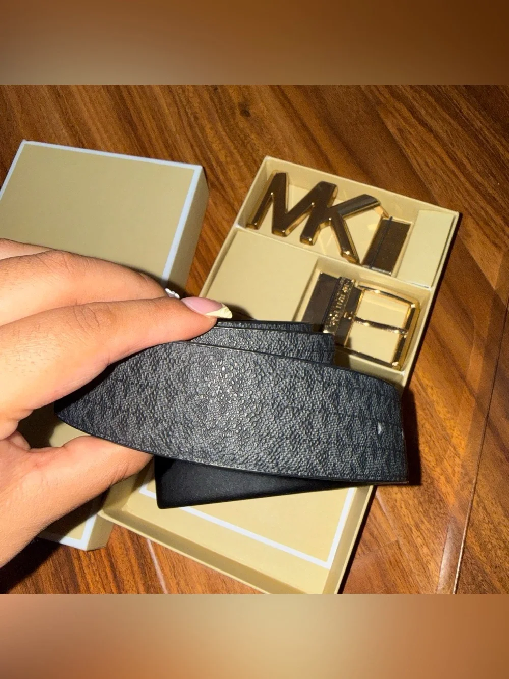 Michael Kors Black Leather Belt with Gold MK Buckle Set